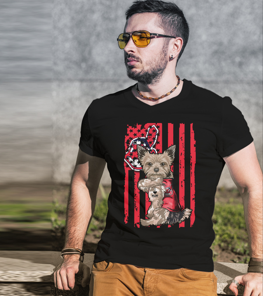 Yorkshire Terrier I Love Mom Cleveland Indians Patriotic Flag T-Shirt