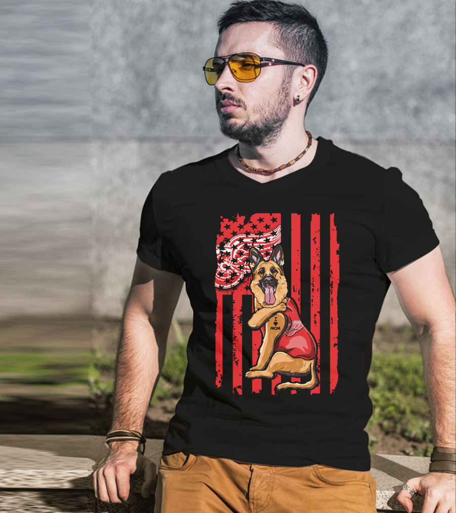 German Shepherd With Detroit Red Wings And I Love Mom Tattoo Flag Background T-Shirt