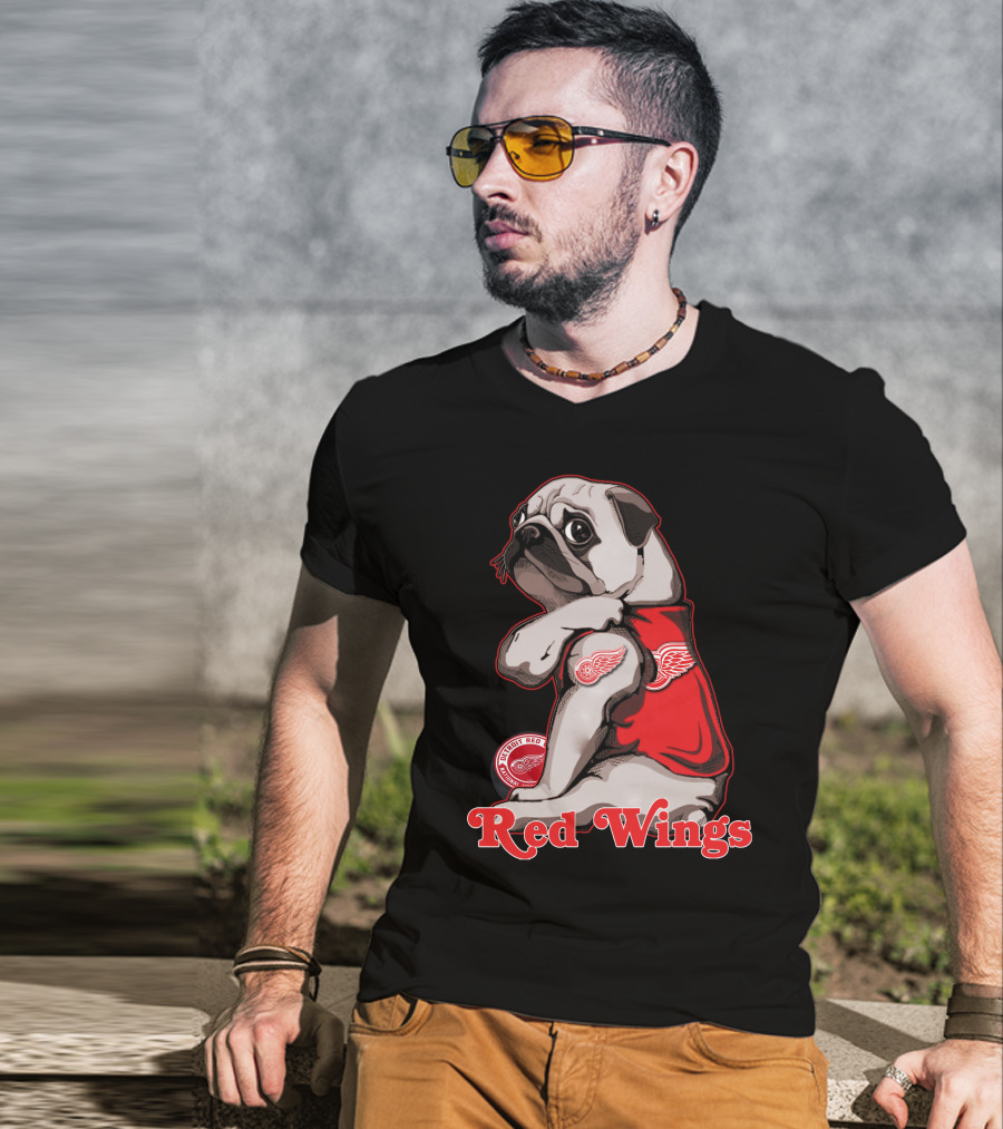 Pug Wearing Detroit Red Wings Jersey T-Shirt