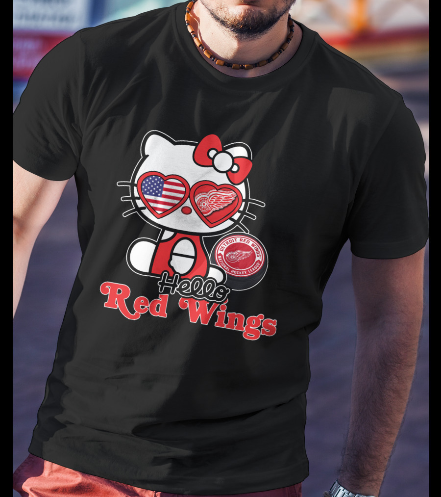 Hello Kitty Detroit Red Wings NHL American Flag T-Shirt