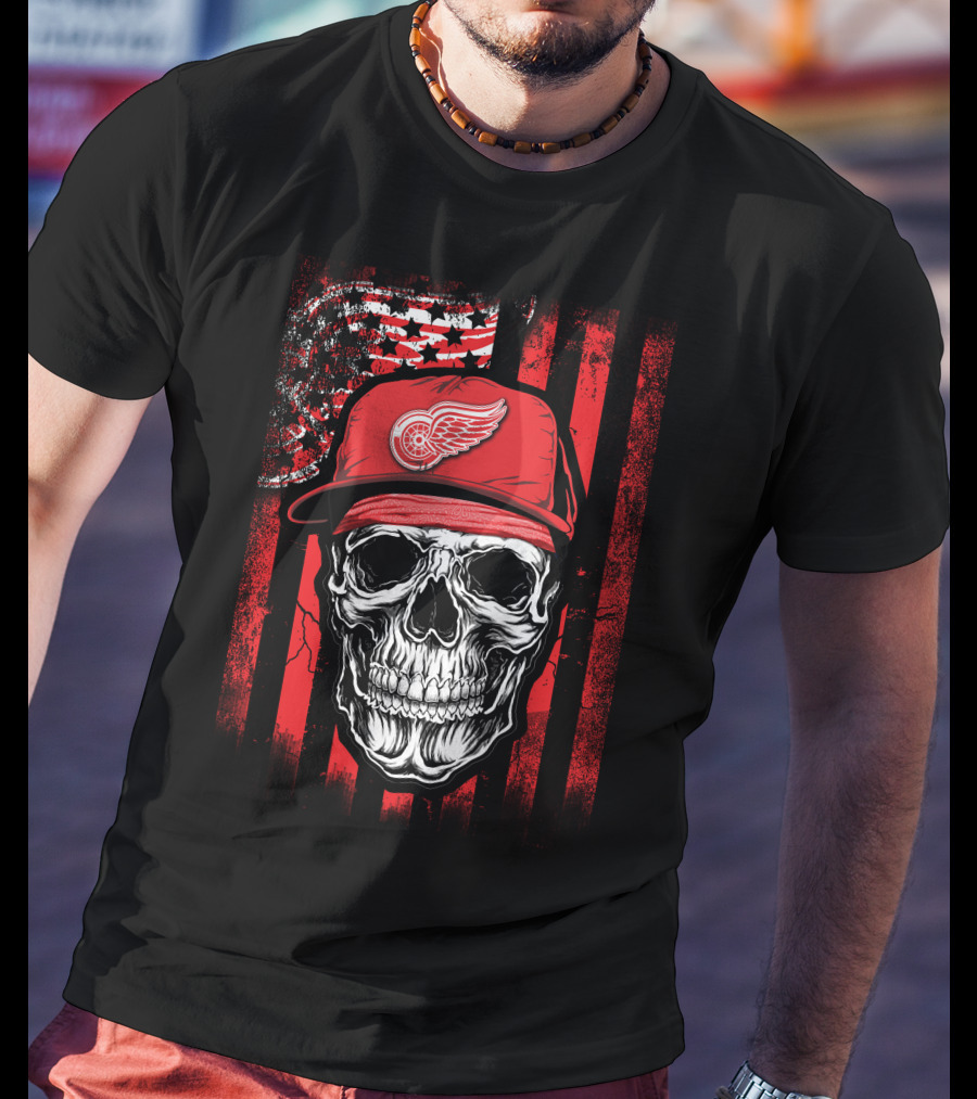 Skull Detroit Red Wings American Flag Hat T-Shirt
