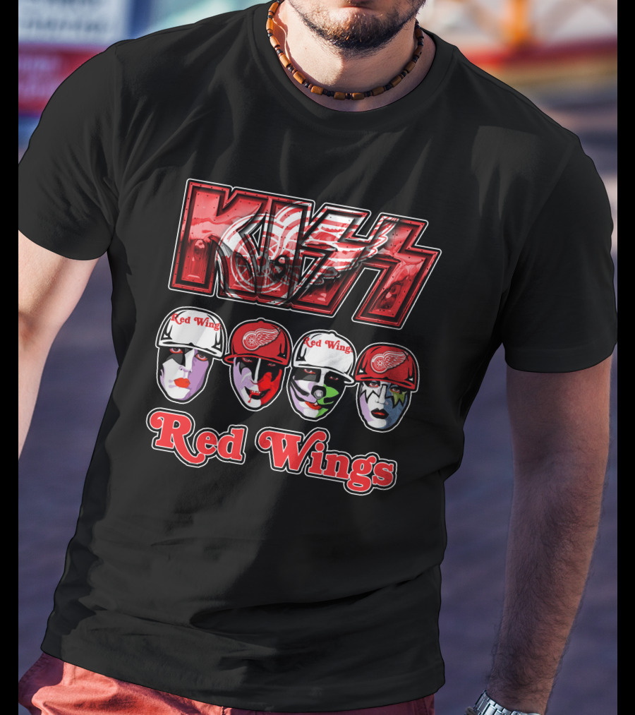 Kiss Detroit Red Wings Face Makeup Hockey Caps T-Shirt
