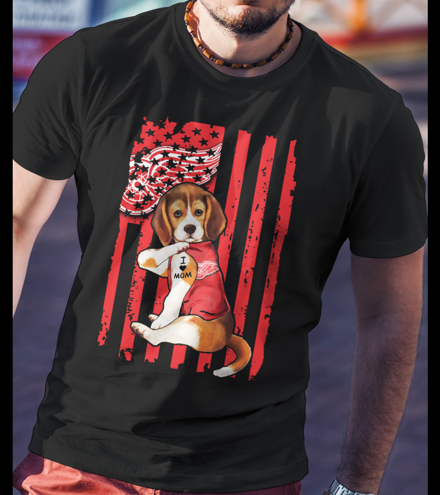 Beagle I Love Mom Detroit Red Wings Red Stripes T-Shirt