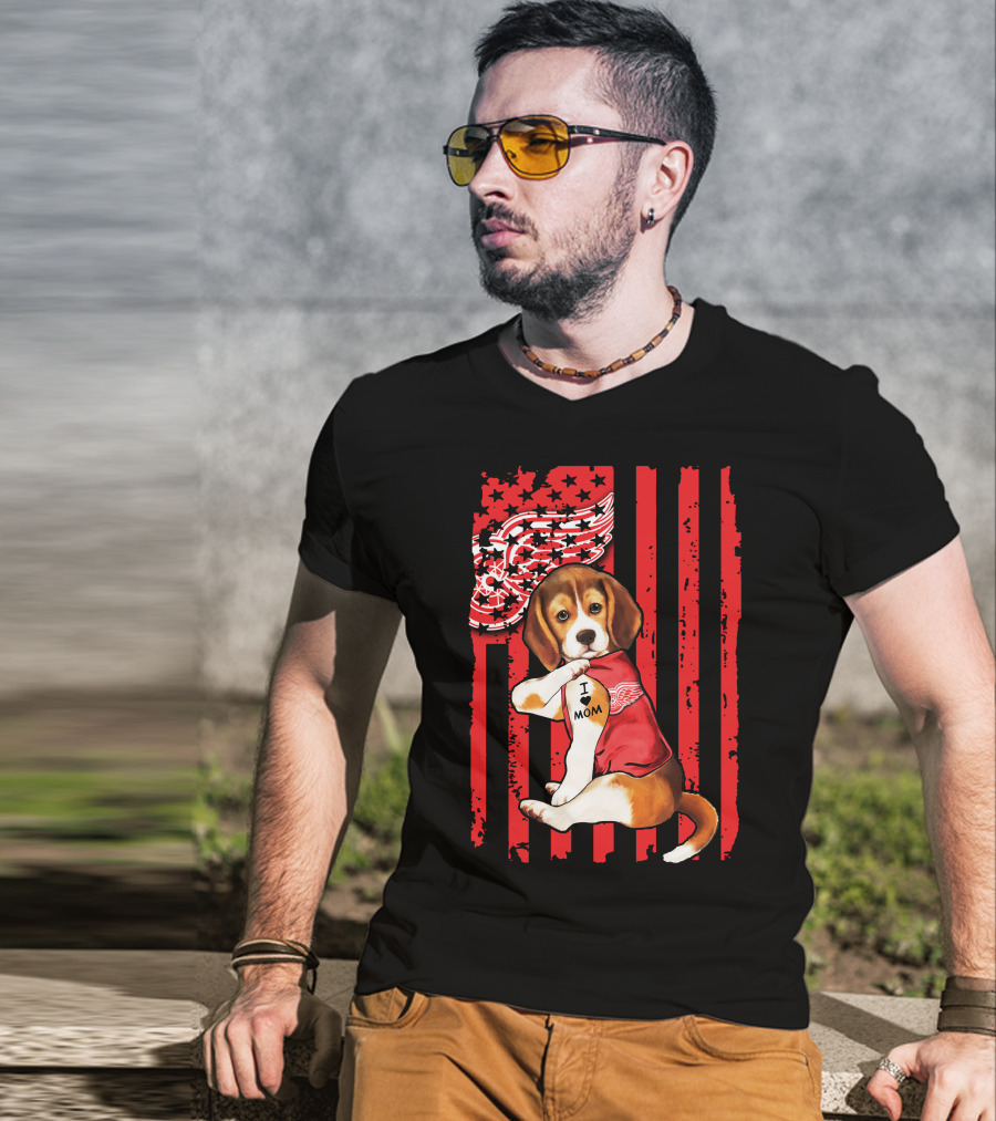 Beagle I Love Mom Detroit Red Wings Red Stripes T-Shirt
