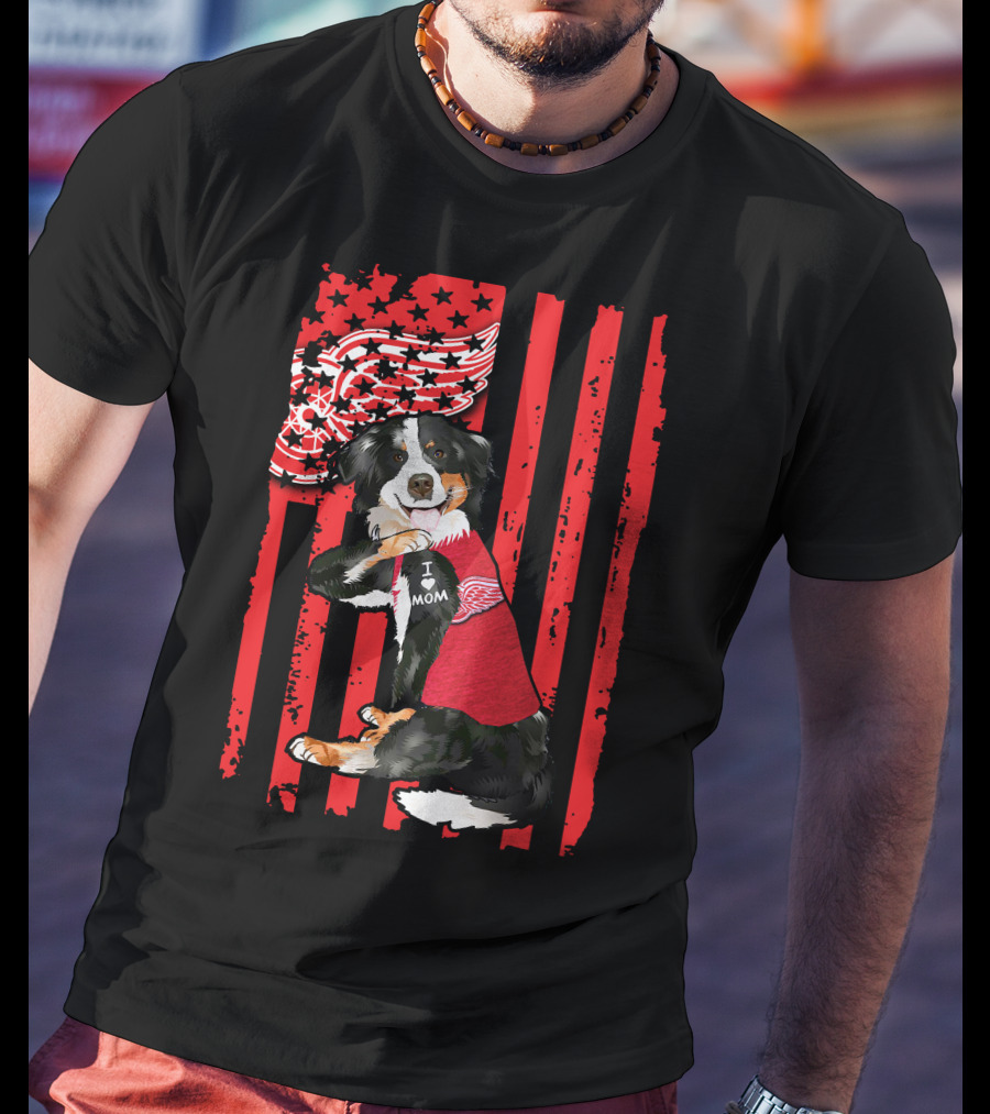 Border Collie I Love Mom Detroit Red Wings USA Flag T-Shirt