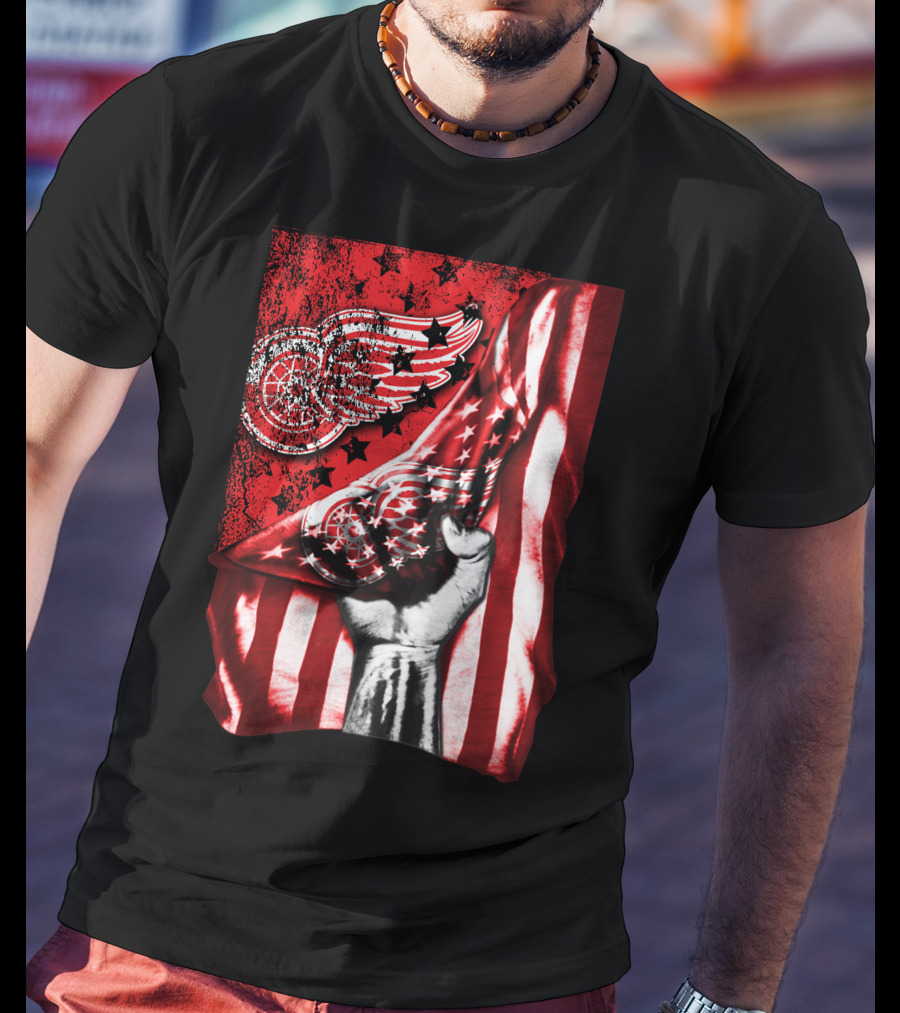 Detroit Red Wings American Flag Fist Star Graphics T-Shirt
