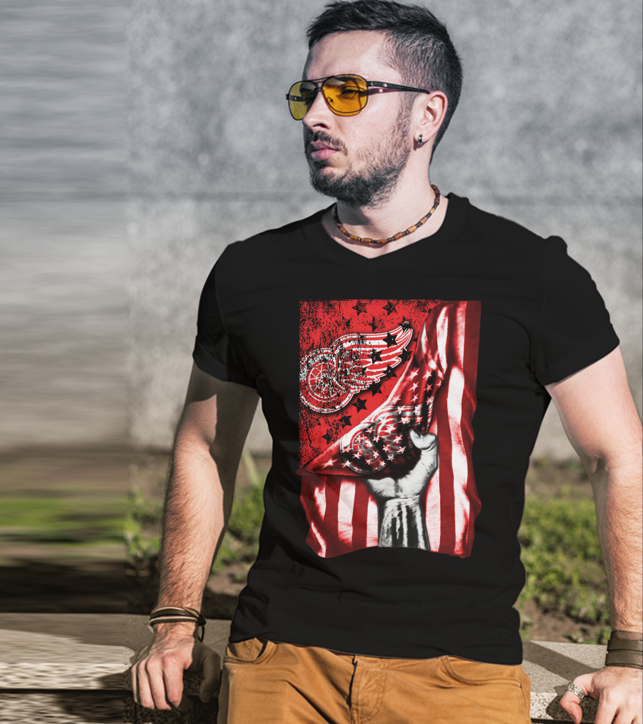 Detroit Red Wings American Flag Fist Star Graphics T-Shirt