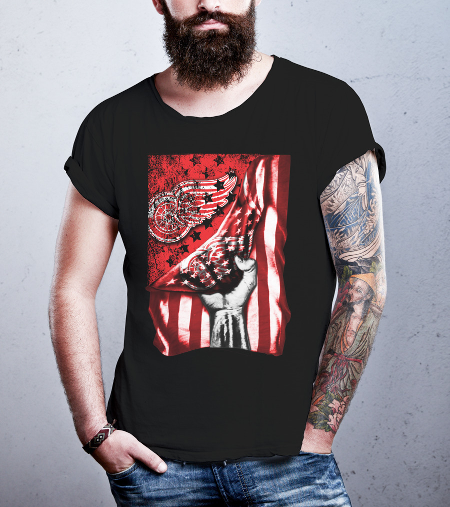 Detroit Red Wings American Flag Fist Star Graphics T-Shirt