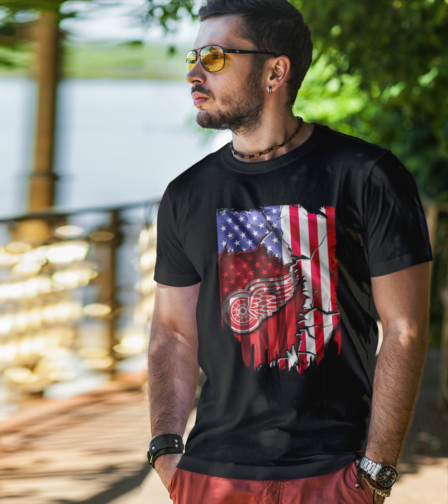 Flag Stars And Stripes Detroit Red Wings Winged Wheel T-Shirt