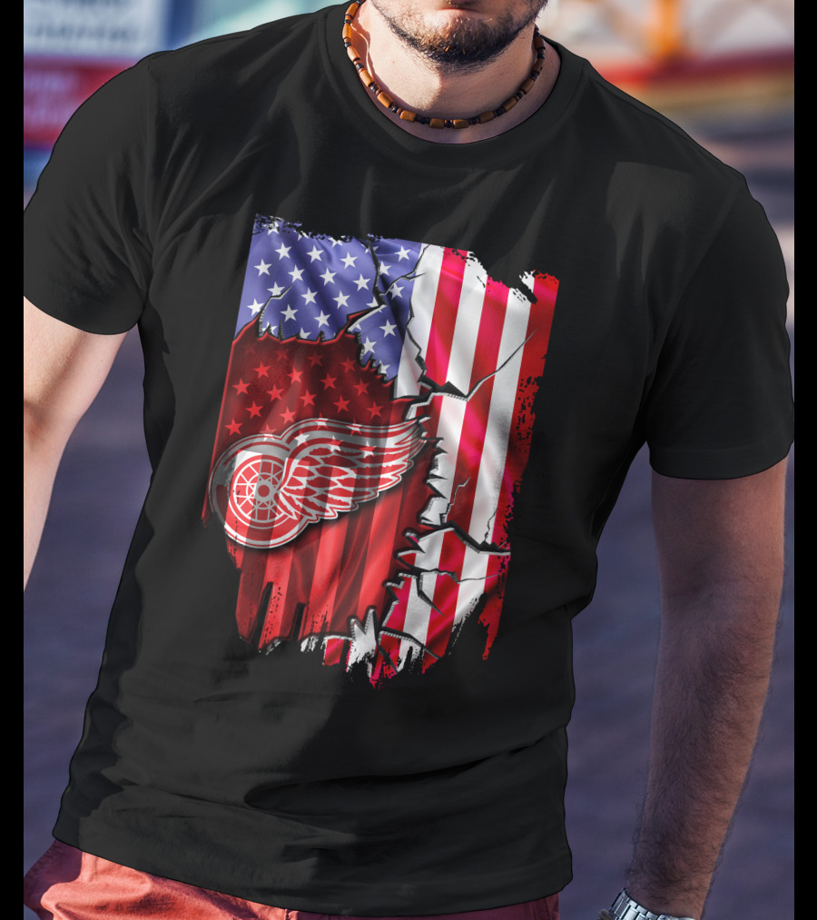 Flag Stars And Stripes Detroit Red Wings Winged Wheel T-Shirt