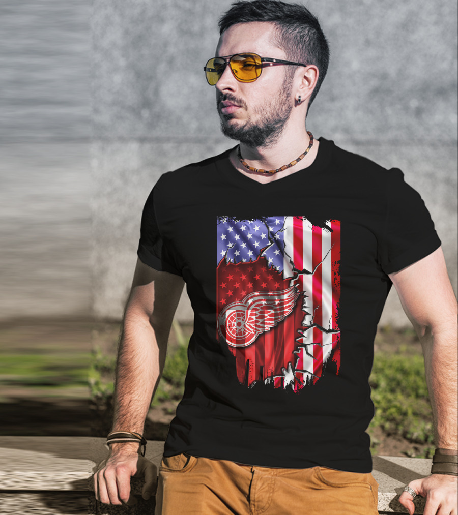 Flag Stars And Stripes Detroit Red Wings Winged Wheel T-Shirt
