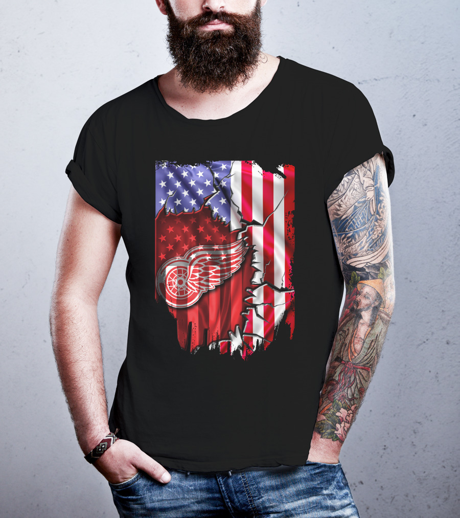 Flag Stars And Stripes Detroit Red Wings Winged Wheel T-Shirt