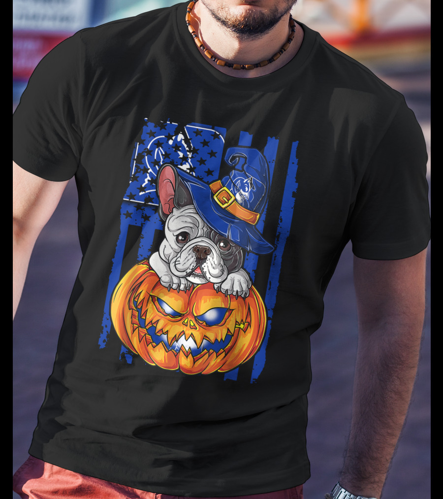 Hlw Bulldog On Duke Blue Devils Themed Halloween Pumpkin With Wizard Hat T-Shirt