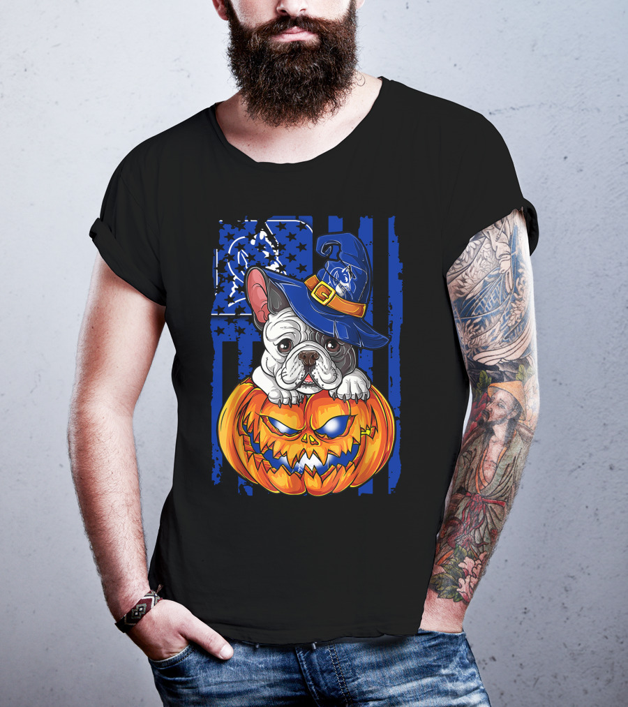 Hlw Bulldog On Duke Blue Devils Themed Halloween Pumpkin With Wizard Hat T-Shirt