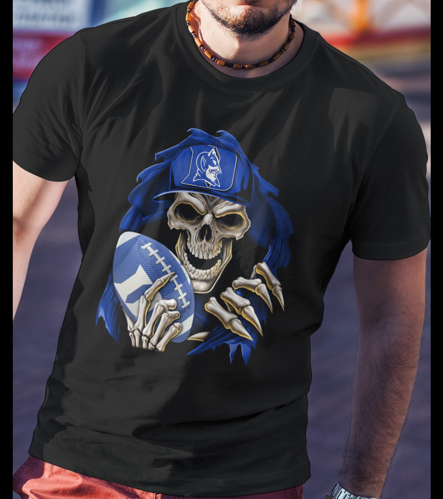 Duke Blue Devils Skull With Football And Logo Hat T-Shirt