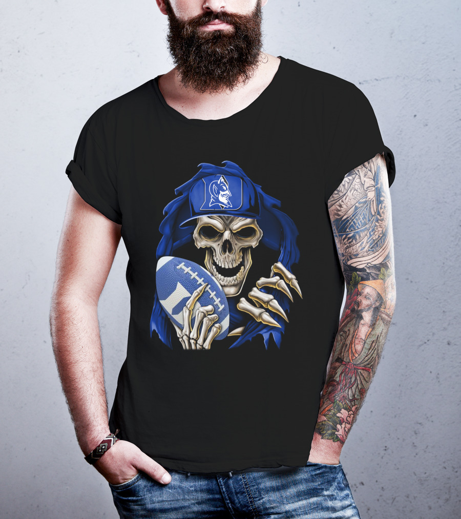 Duke Blue Devils Skull With Football And Logo Hat T-Shirt
