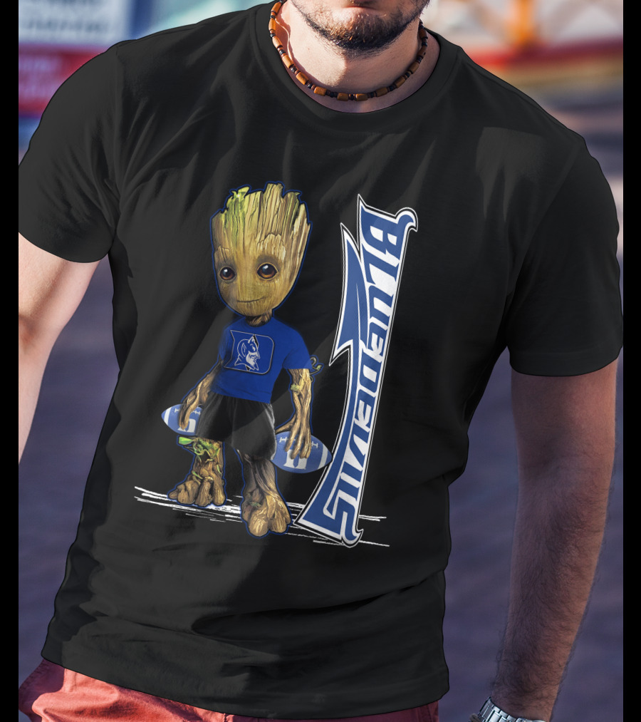 Groot Wearing Duke Blue Devils Shirt With Blue Devils Logo And Football T-Shirt