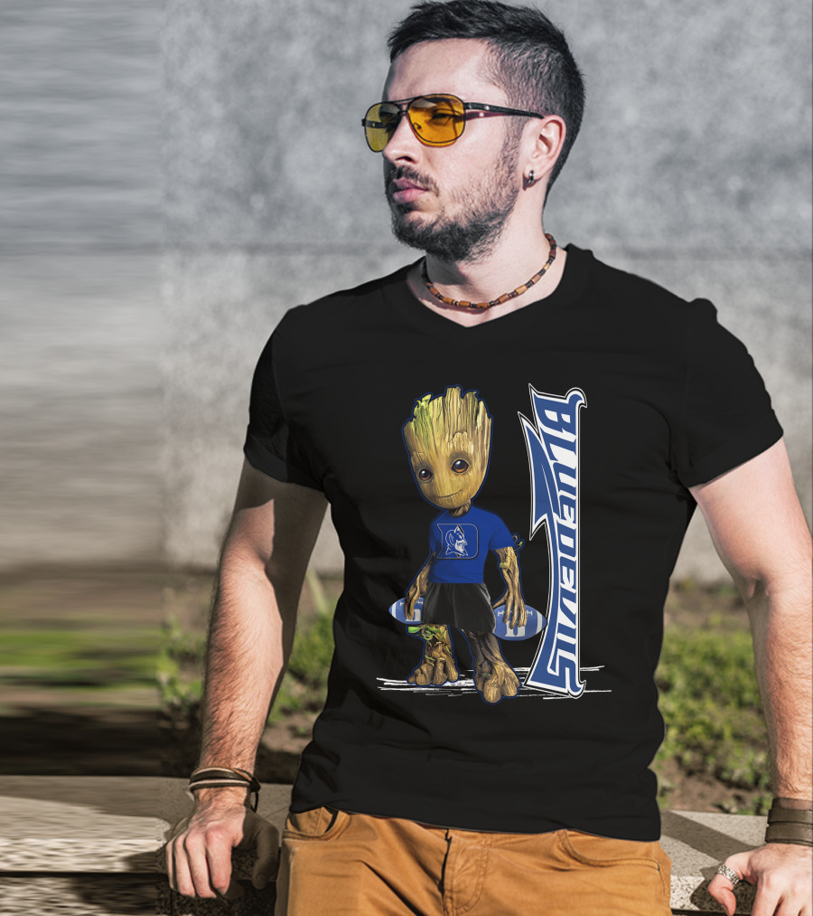 Groot Wearing Duke Blue Devils Shirt With Blue Devils Logo And Football T-Shirt