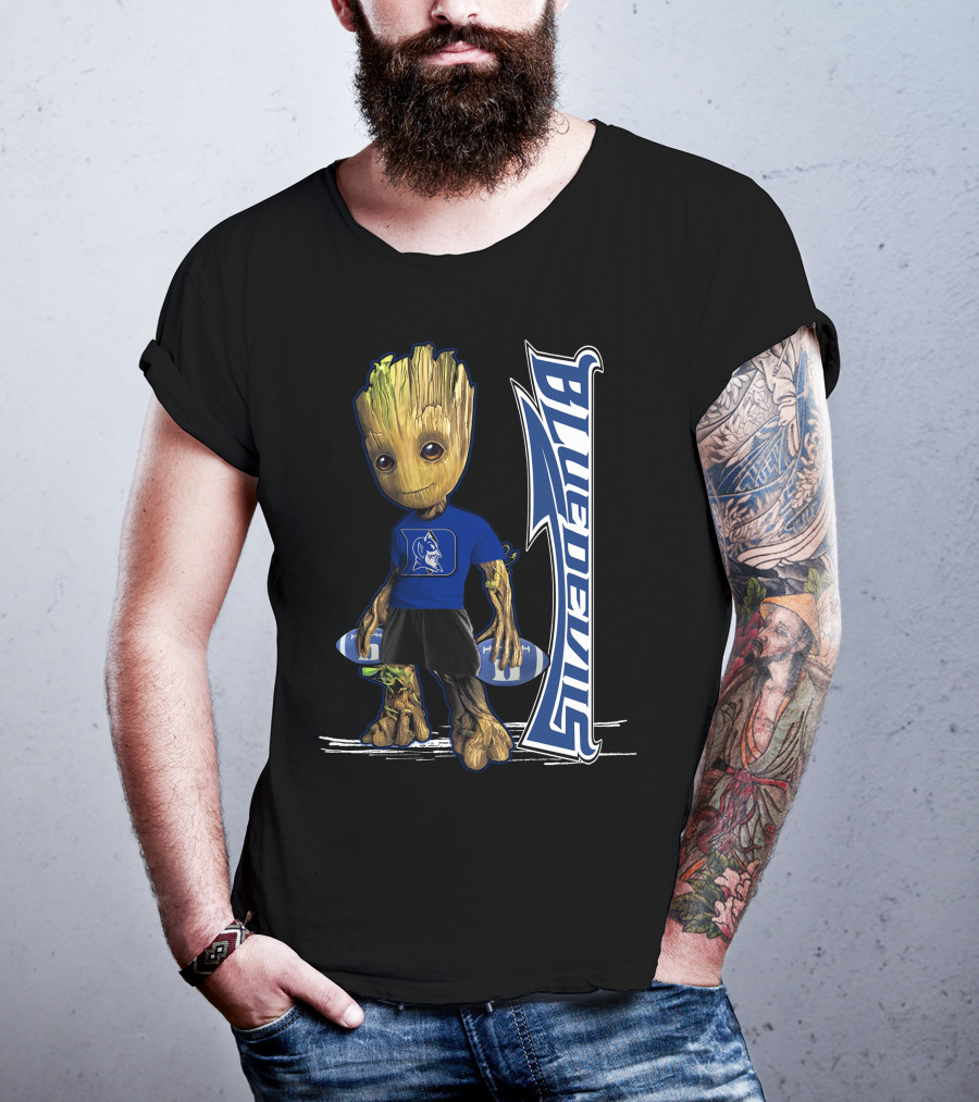 Groot Wearing Duke Blue Devils Shirt With Blue Devils Logo And Football T-Shirt