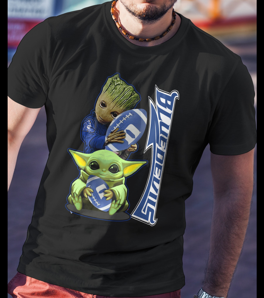 Grzd Duke Blue Devils Groot And Baby Yoda Holding Football T-Shirt