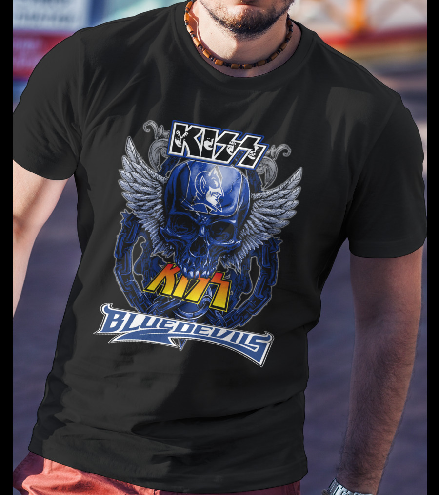 Kiss Blue Devils Skull Wings Chain T-Shirt
