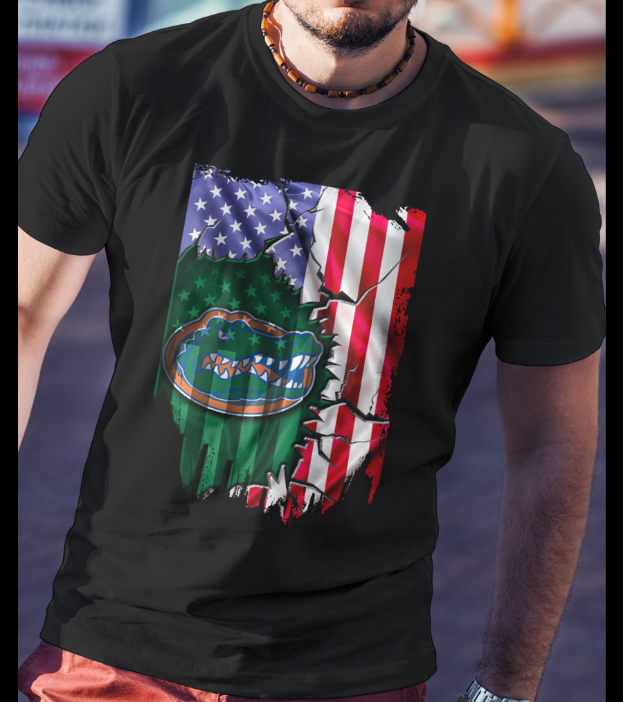 United States Flag Ripped With Florida Gators T-Shirt