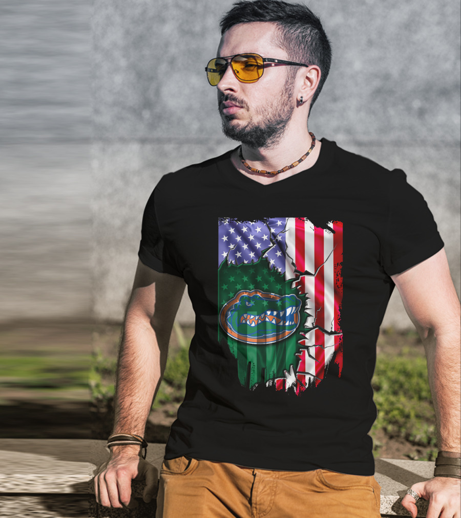 United States Flag Ripped With Florida Gators T-Shirt