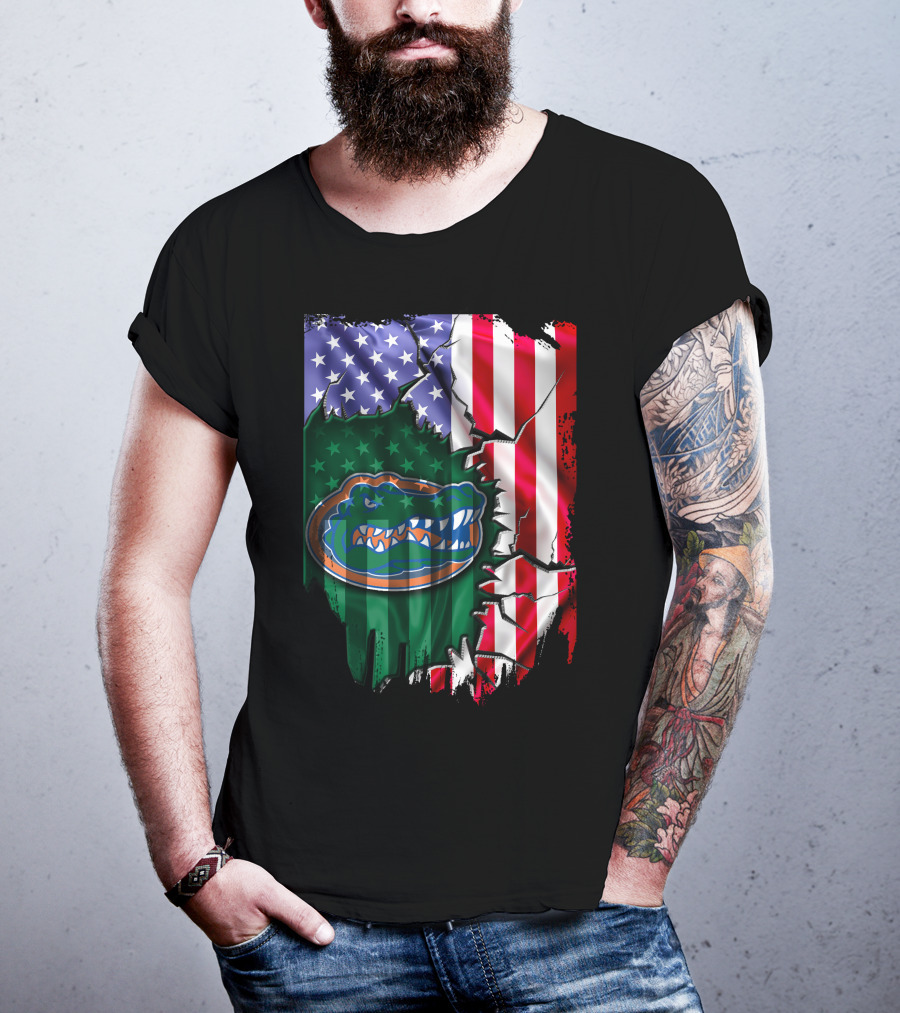 United States Flag Ripped With Florida Gators T-Shirt