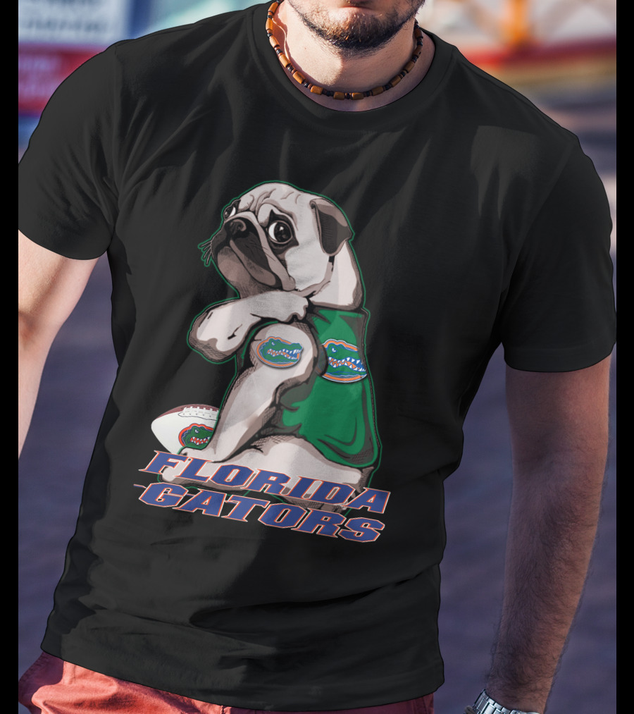 Pug Wearing Florida Gators Shirt With Football T-Shirt