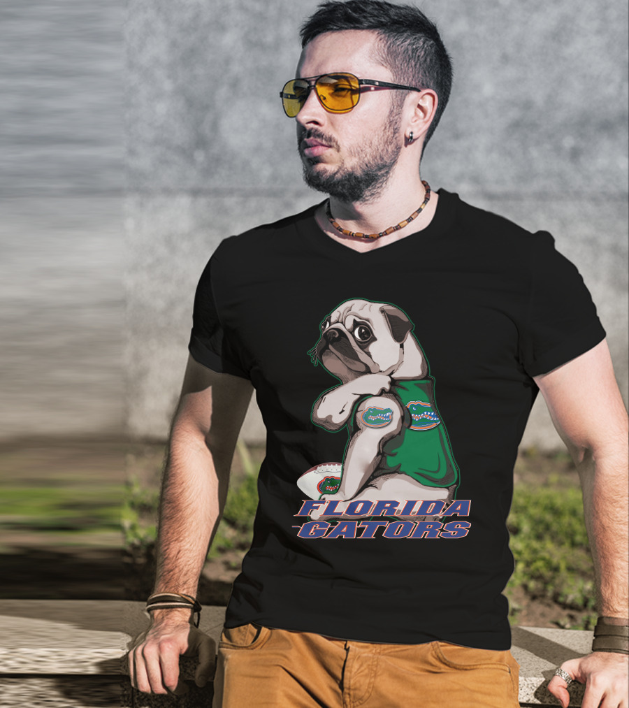 Pug Wearing Florida Gators Shirt With Football T-Shirt