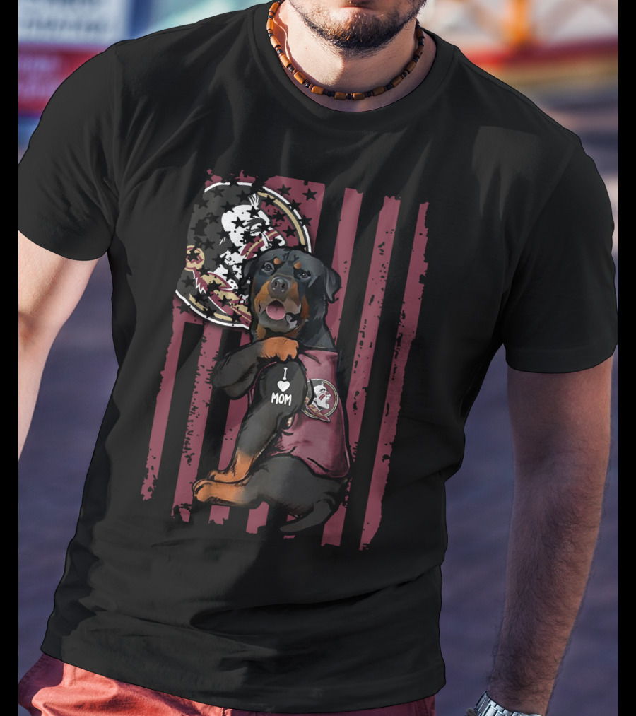 Rottweiler I Heart Mom Florida State Seminoles Dog With Logo And Flag Background T-Shirt