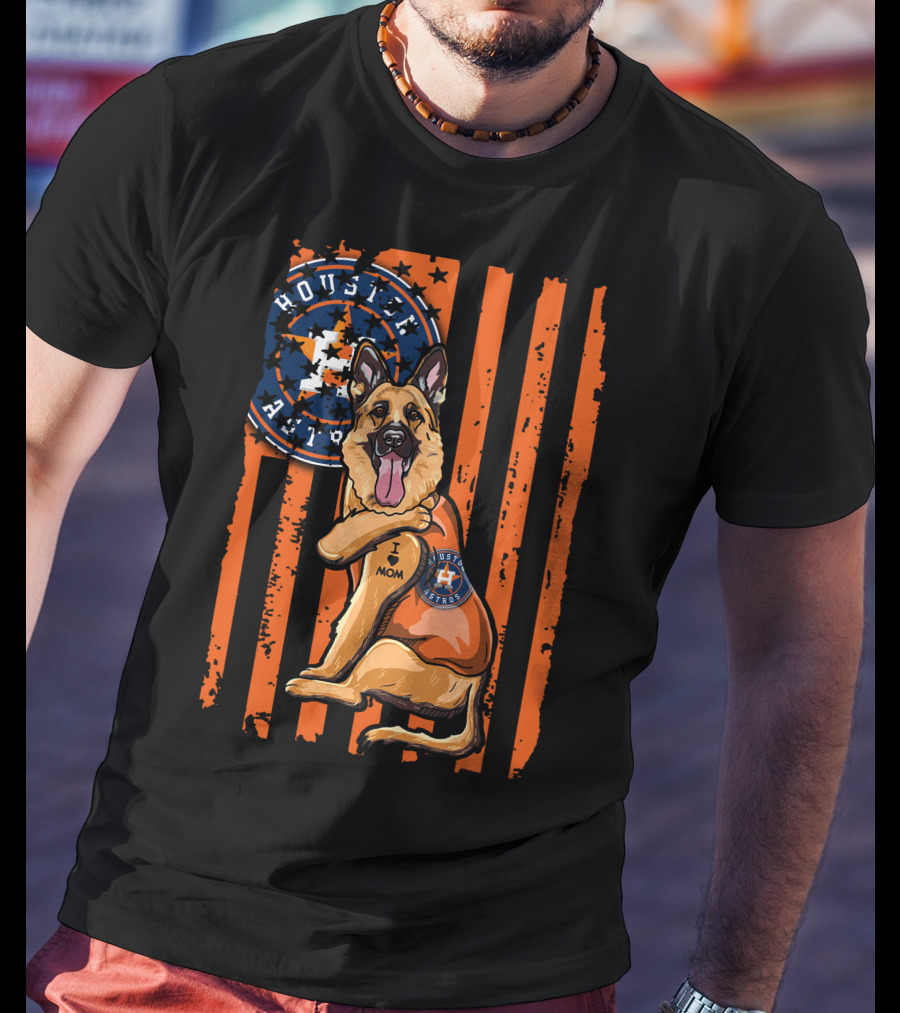 Houston Astros I Love Mom German Shepherd Patriotic Flag T-Shirt