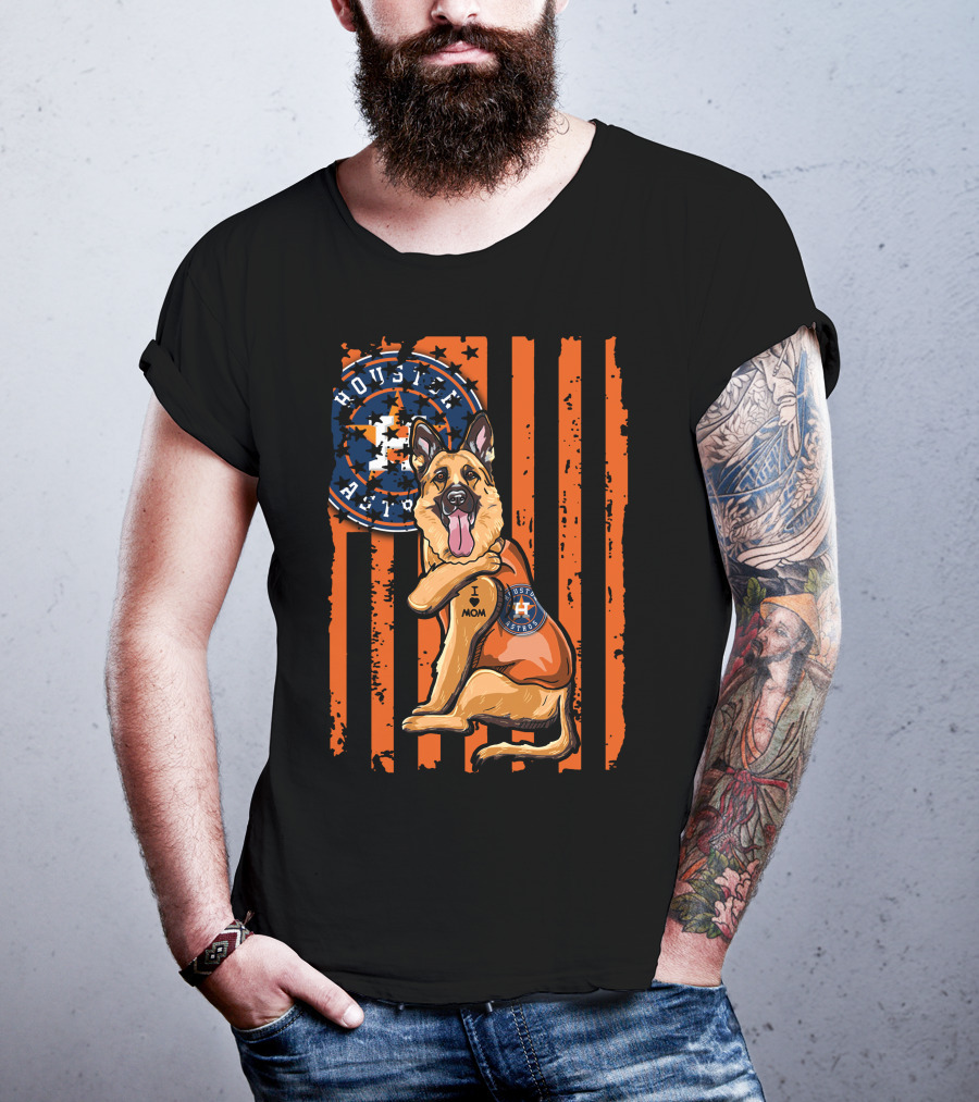 Houston Astros I Love Mom German Shepherd Patriotic Flag T-Shirt