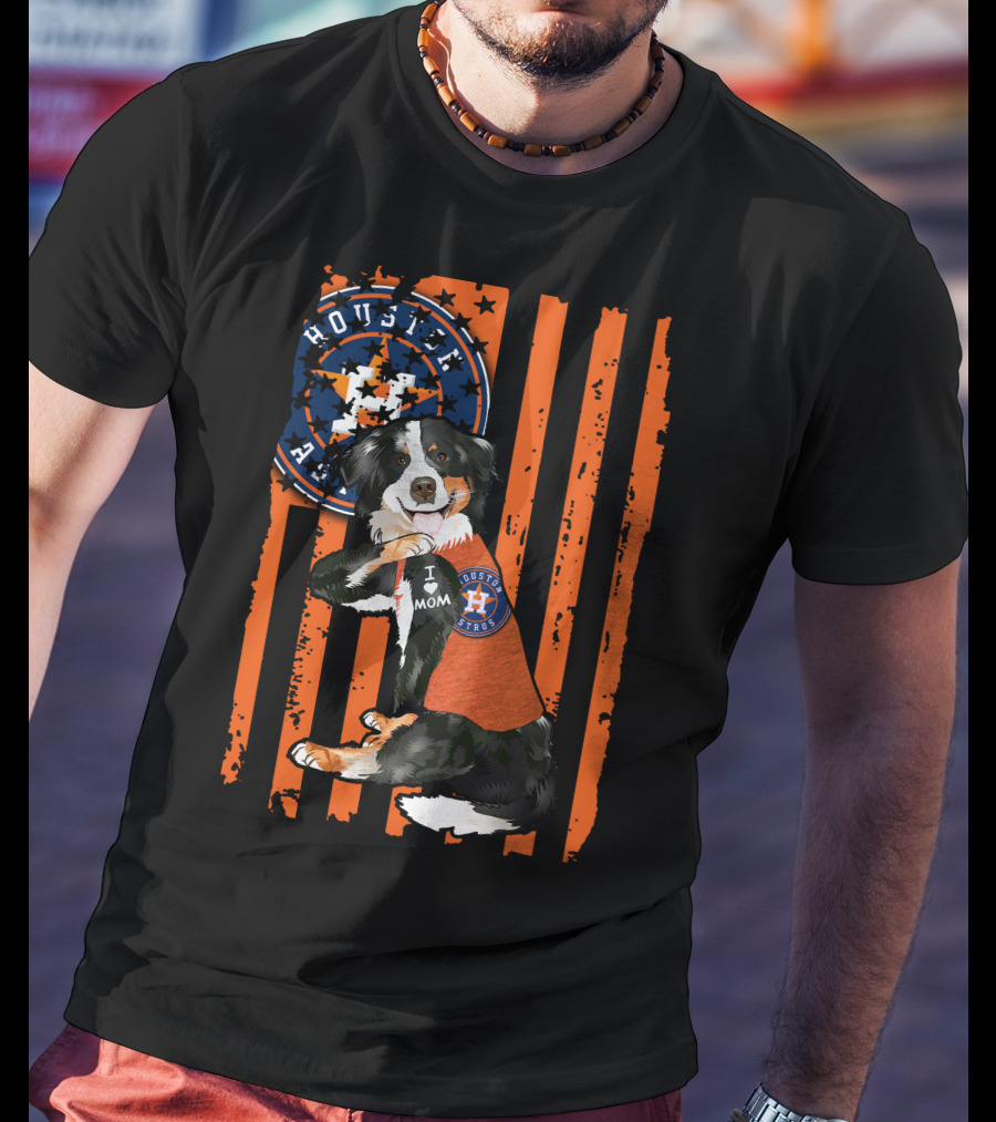 Border Collie I Love Mom Houston Astros Fan Stripes T-Shirt