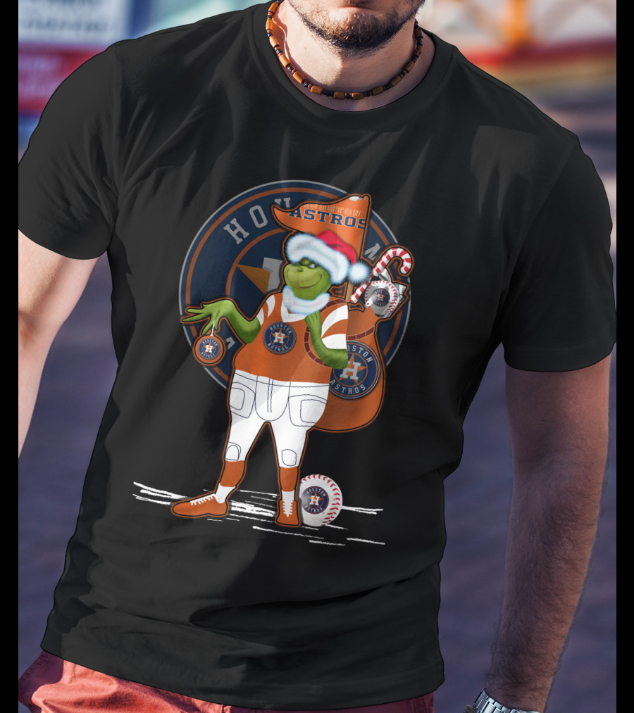 Grinchxmas Houston Astros Santa Hat Baseball Player With Logo And Candy Cane Sack T-Shirt