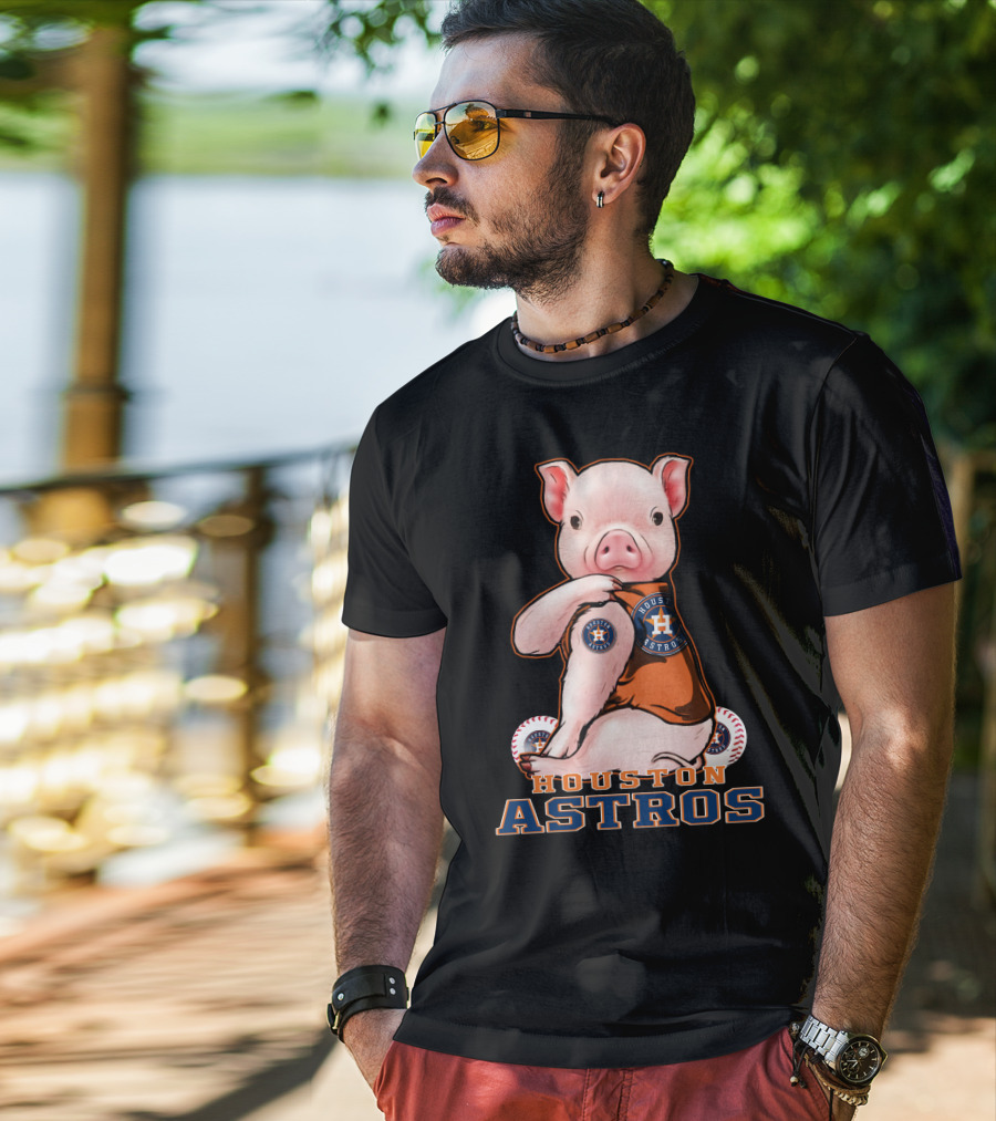Pig Wearing Houston Astros Jersey With Logo And Baseballs T-Shirt