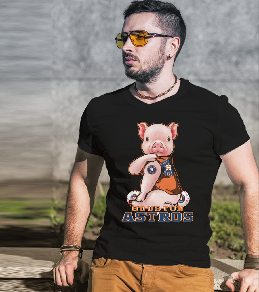 Pig Wearing Houston Astros Jersey With Logo And Baseballs T-Shirt