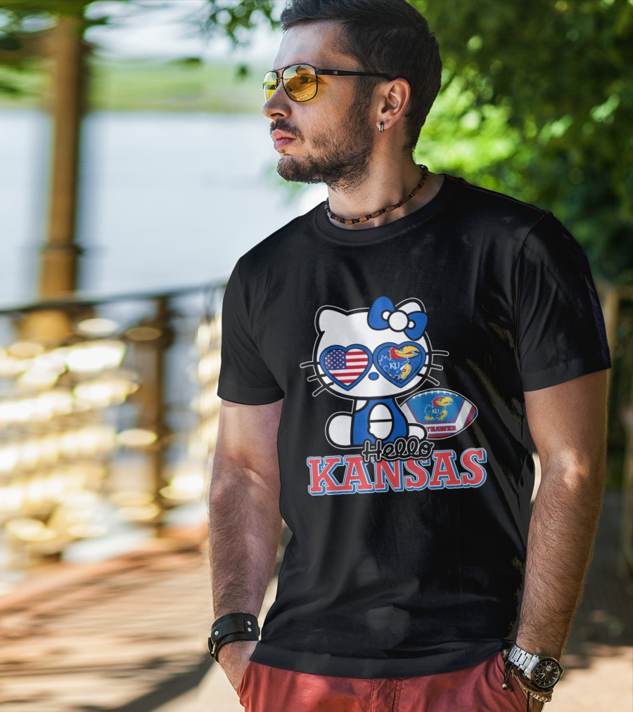 Hello Kitty Kansas Jayhawks KU Football American Flag T-Shirt