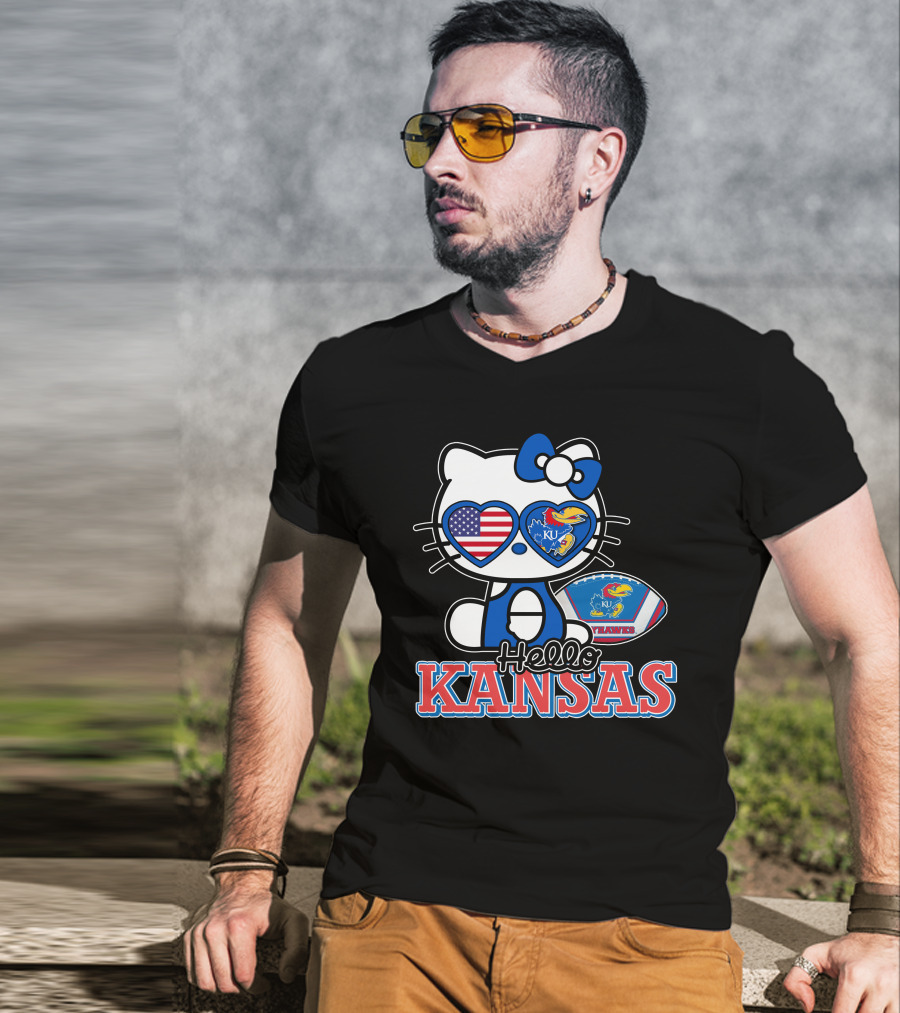 Hello Kitty Kansas Jayhawks KU Football American Flag T-Shirt