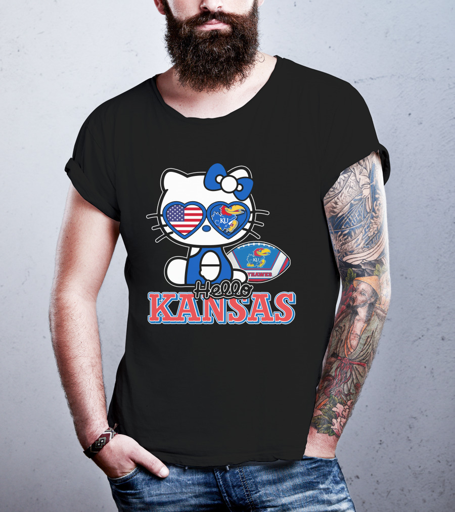 Hello Kitty Kansas Jayhawks KU Football American Flag T-Shirt
