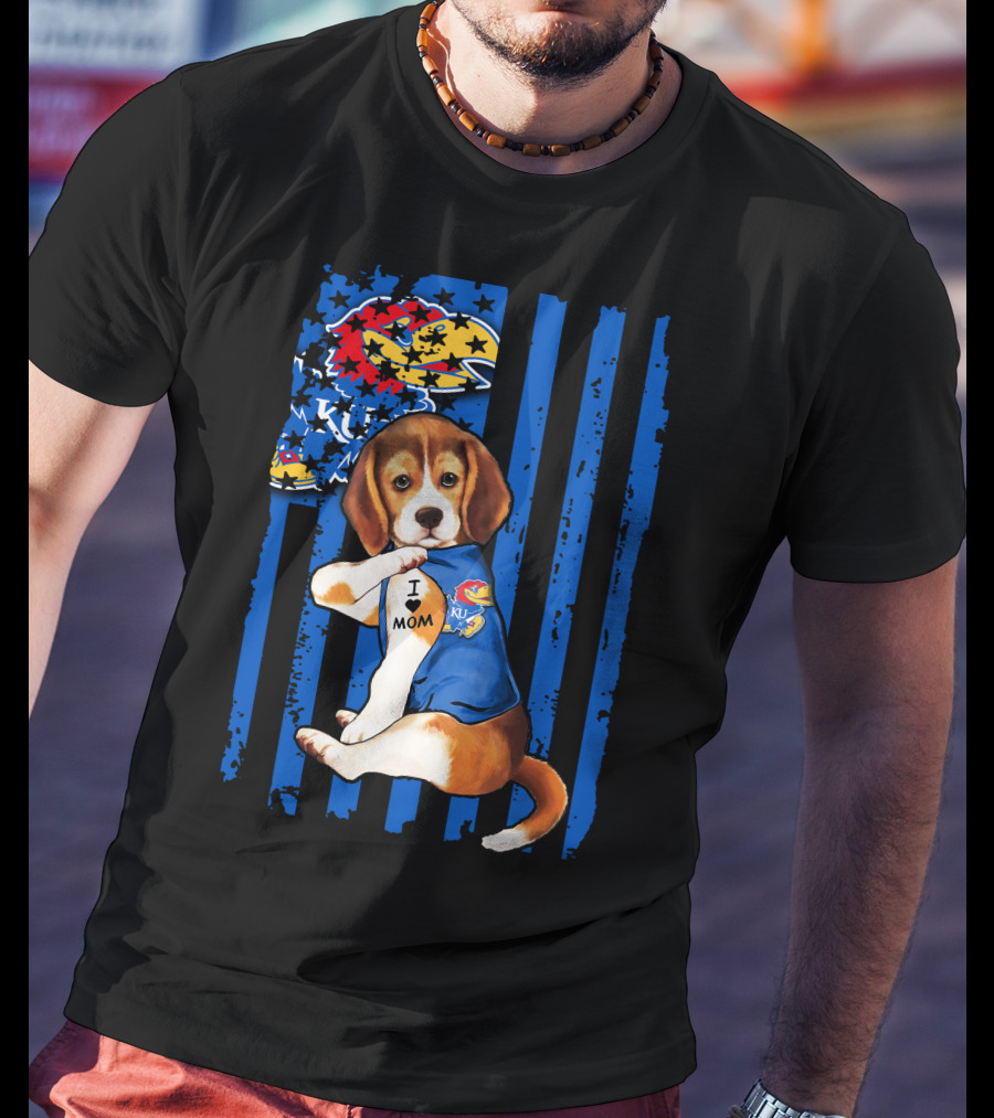 I Love Mom Beagle Wearing Kansas Jayhawks Logo Blue Flag Background T-Shirt