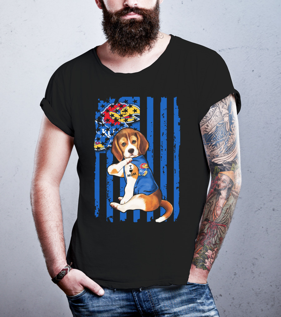 I Love Mom Beagle Wearing Kansas Jayhawks Logo Blue Flag Background T-Shirt