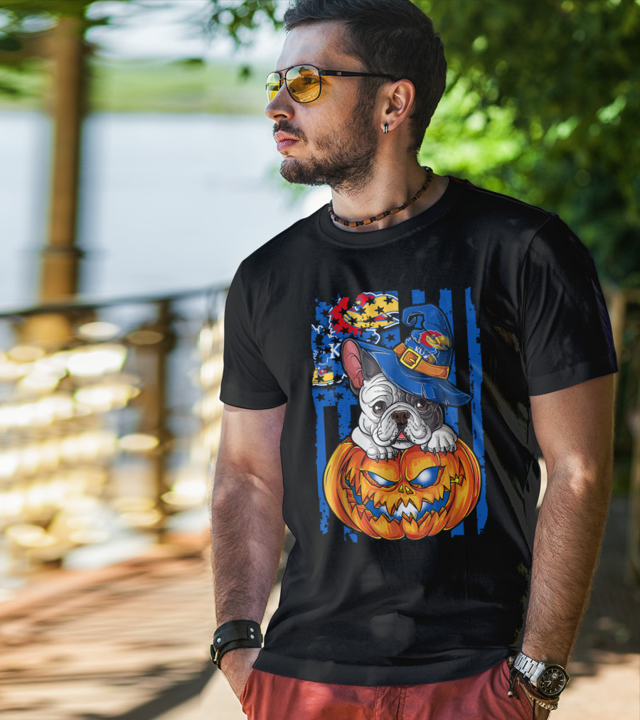 Kansas Jayhawks Bulldog Halloween Pumpkin Wizard Hat T-Shirt