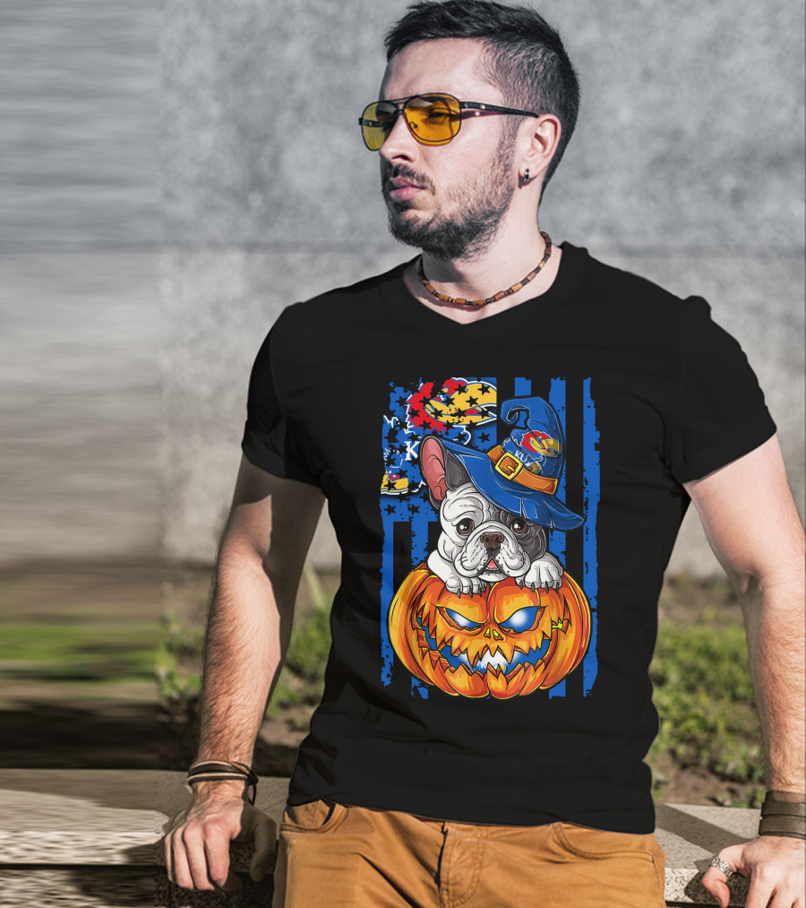 Kansas Jayhawks Bulldog Halloween Pumpkin Wizard Hat T-Shirt