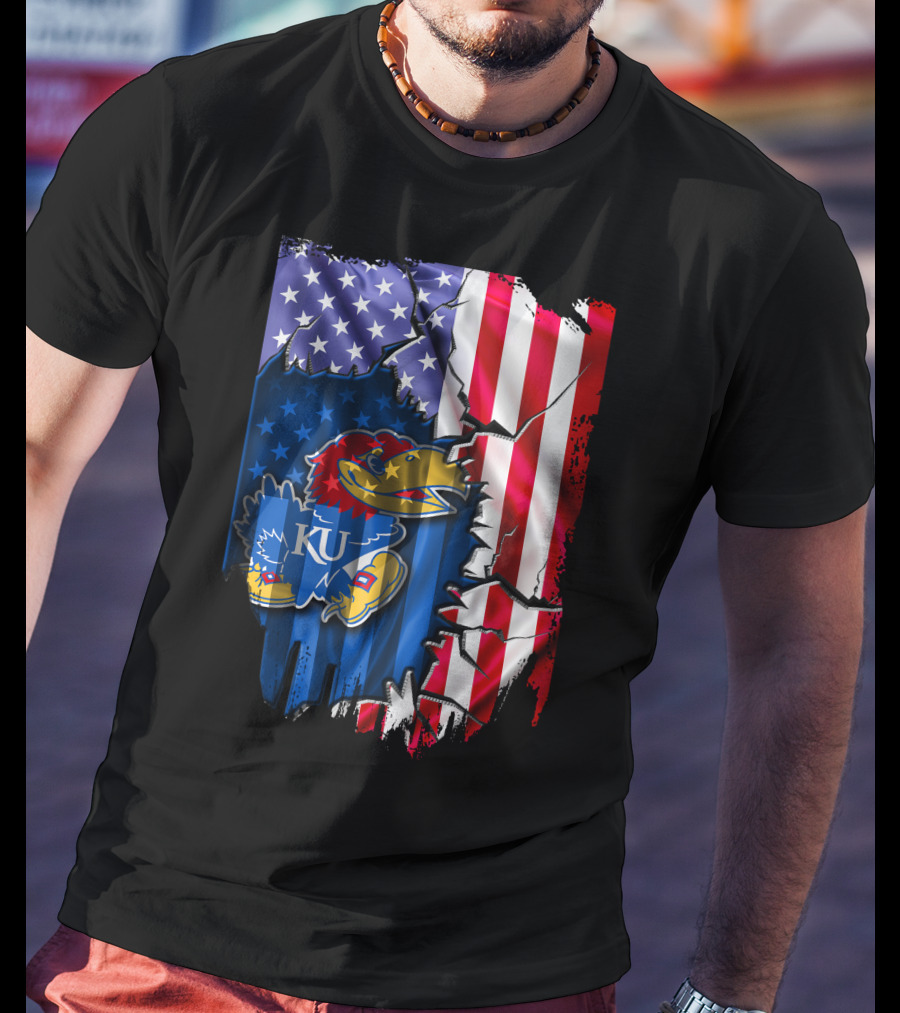 Flag Kansas Jayhawks American USA Torn Design KU T-Shirt
