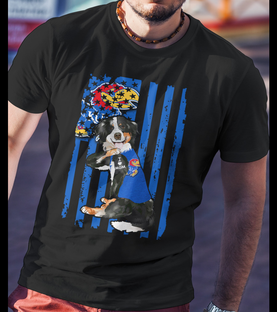 Border Collie I Love Mom Kansas Jayhawks Flag T-Shirt