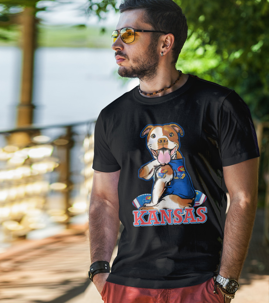 Kansas Pitbull Mascot With Jayhawks Football T-Shirt