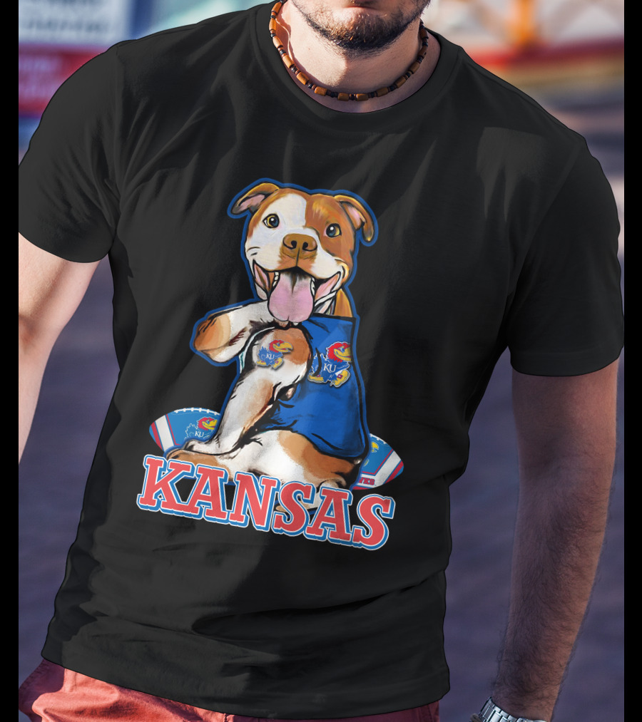 Kansas Pitbull Mascot With Jayhawks Football T-Shirt