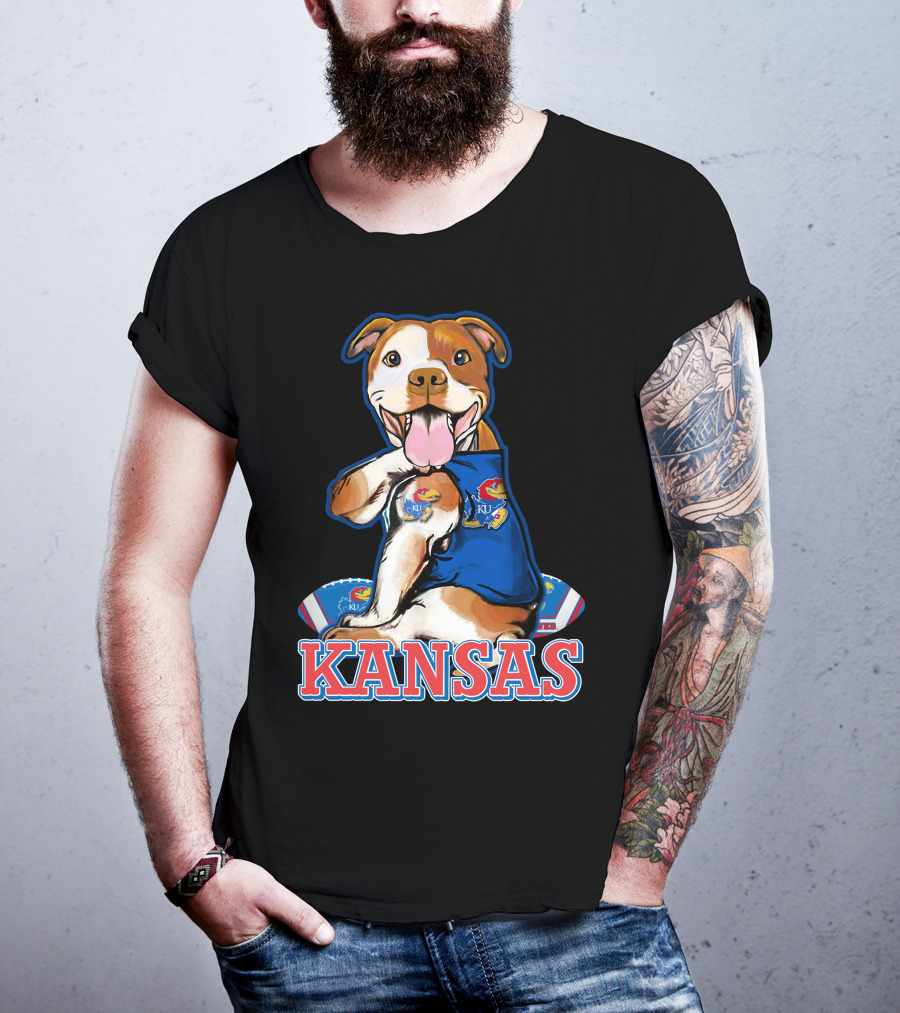 Kansas Pitbull Mascot With Jayhawks Football T-Shirt