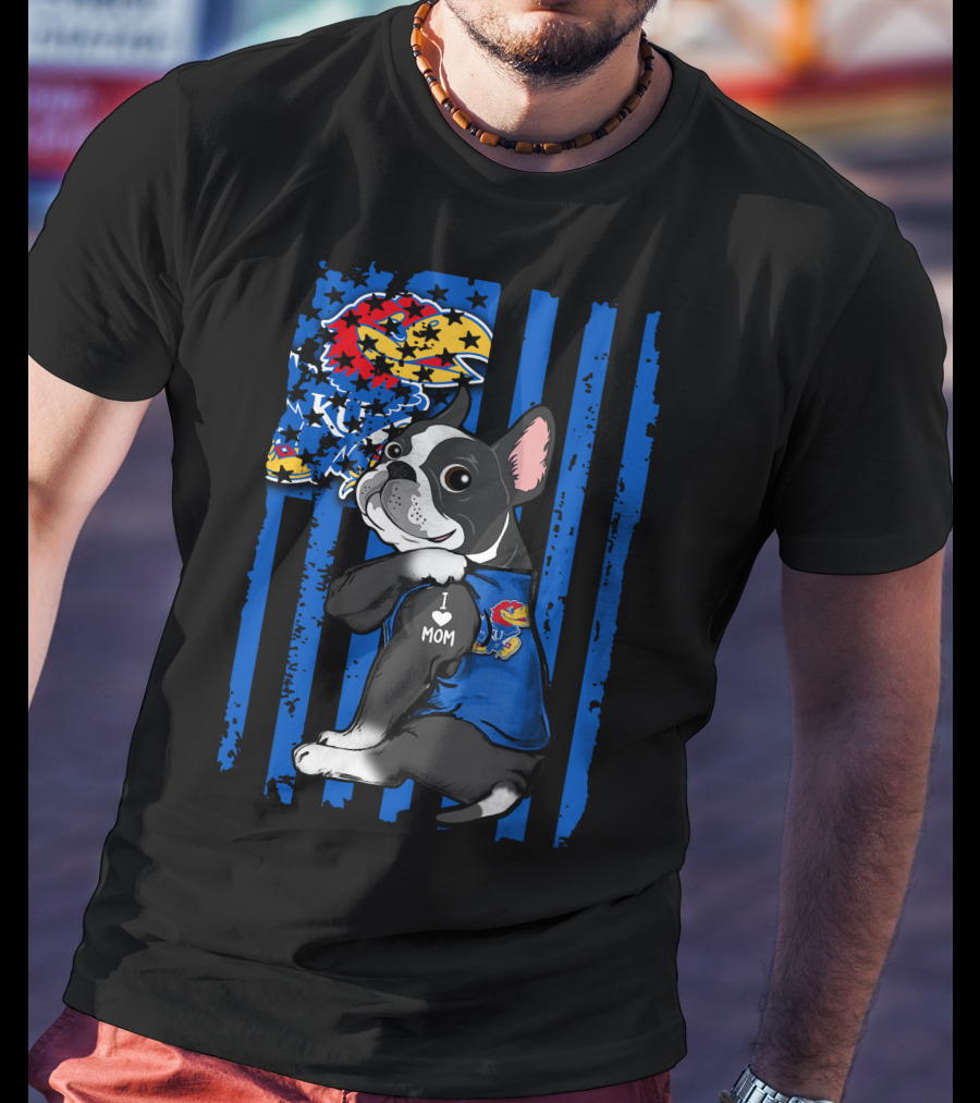 Boston Terrier I Love Mom Kansas Jayhawks KU Logo Blue Stripes T-Shirt